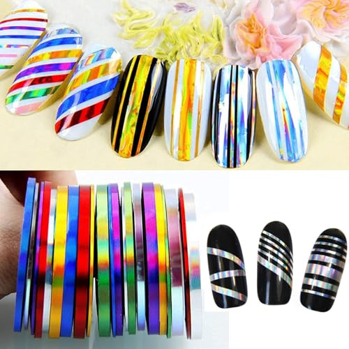 Nail Art Striping Tape Lines Kit 36 Pcs 1Mm 2Mm 3Mm Nail Tape Strips For Design Diy Silver Nails Striping Tape Case Laser Holographic Nail