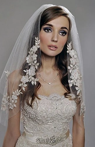 Kercisbeauty Wedding Bridal Lace Double Layer Appliques Edge Veil Drop With Hair Comb Flower Lace And Pearl Chapel Hair Accessories Ivory