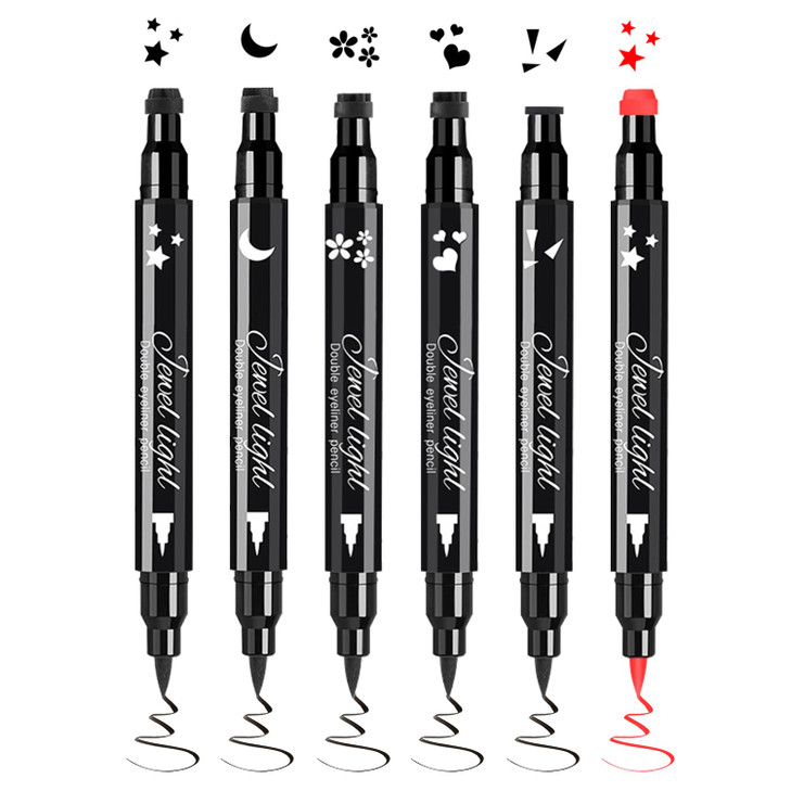 Pinkiou 6 Pcs Eyeliner Stamp Pen Set Double Ended Winged Eyeliner Pen With Black And Red Heart Star Plum Triangle And Moon Shapes Waterproof