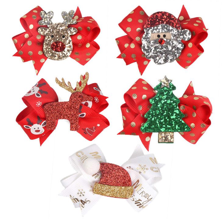 5 Pcs Christmas Sequins Alligator Clips Girls Hair Clips Bows Barrettes Hair Accessories Include Santa Christmas Tree And Cap Elk Styles