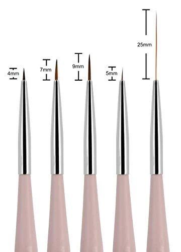 Beaute Galleria 5 Pieces Nail Art Brush Set With Liners 4Mm 7Mm 9Mm Striping Brushes 5Mm 25Mm For Thin Fine Line Drawing Detail Painting