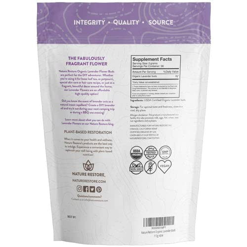 Nature Restore USDA Certified Organic Dried Lavender Flowers, Loose Leaf, Extra Grade, 4 Ounces