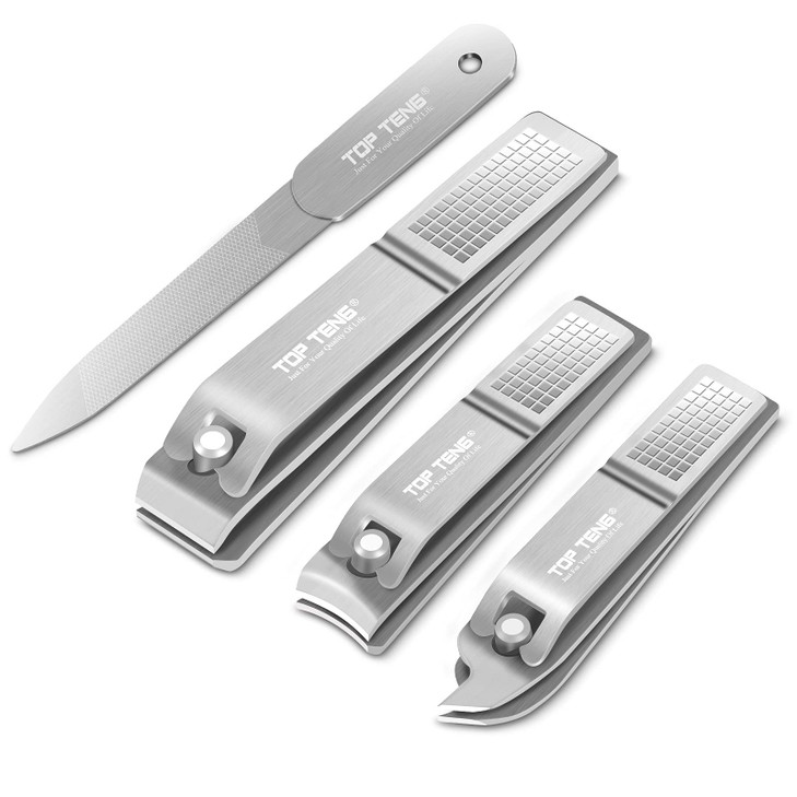 Ultra Sharp Stainless Steel Nail Clippers for Men & Women - TOP TENG 4-Piece Professional Toenail & Fingernail Clipper Set with Curved, Straight & Ob