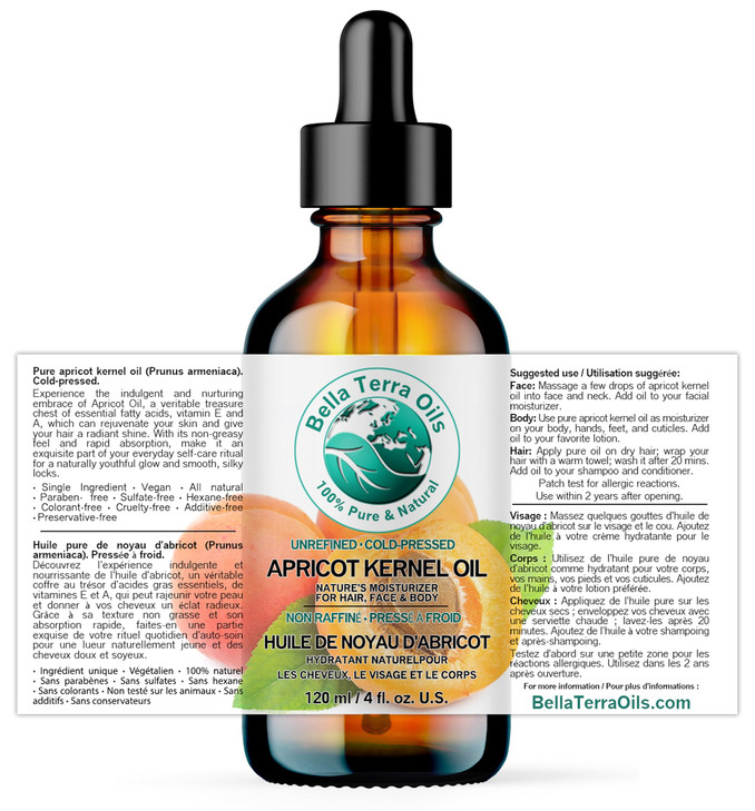 Bella Terra Oils - Organic Apricot Kernel Oil 4 oz - Pure Organic Apricot Essence, Abundant in Linoleic & Oleic Acid, A Luxurious Carrier Oil for Ess