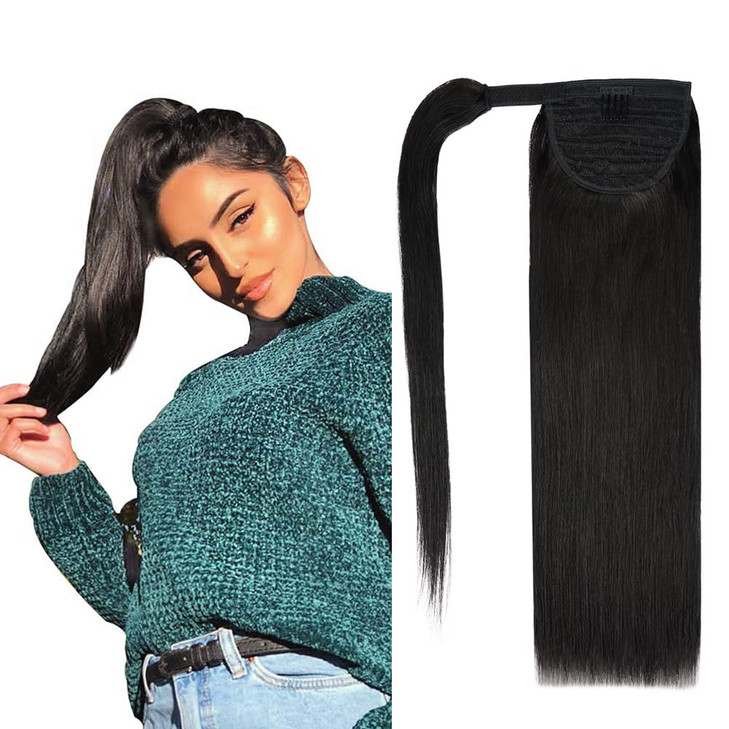Faaal Ponytail Extension Human Hair 14 Inch 70G 1B Natural Black