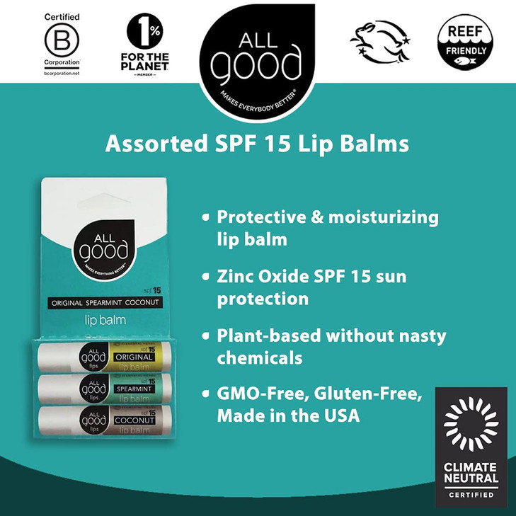All Good Organic SPF15 Lip Balm - Hydrating Lip Care with Olive Oil, Beeswax, Calendula, Lavender, Vitamin E - Lip Moisturizer with Zinc Oxide Protec