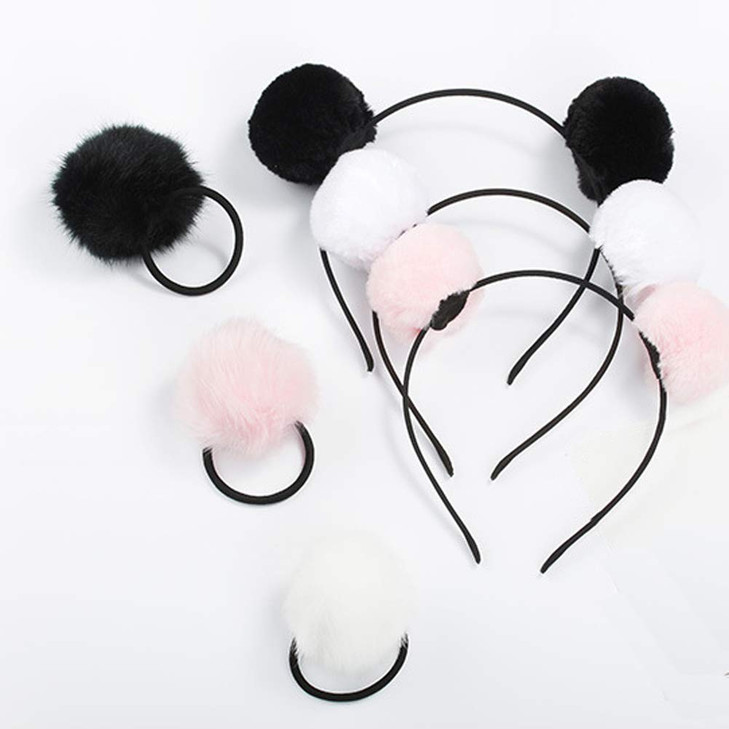Lasenersm Fluffy Furry Pom Ball Headbands And Elastic Hair Ties 6 Pieces 3 Pairs Fuzzy Faux Fur Animal Ear Headbands For Girls And Women