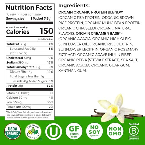 Orgain Organic Vegan 21G Protein Powder Vanilla Bean 10 Travel Packs