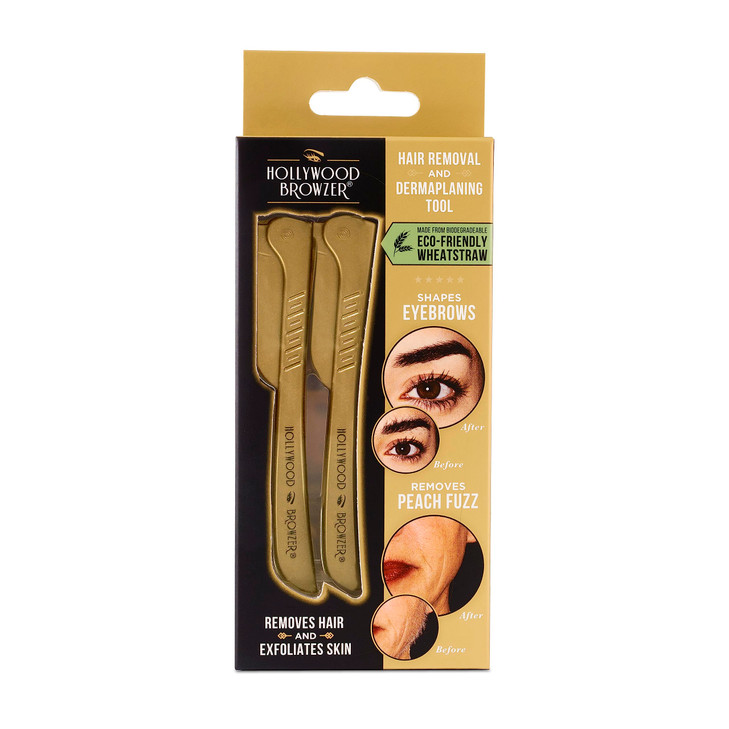 Hollywood Browzer Hair Removal And Dermaplaner Duo Peach Fuzz And Eyebrow Razor For Women Eyebrow Grooming Kit Gold 2 Pc