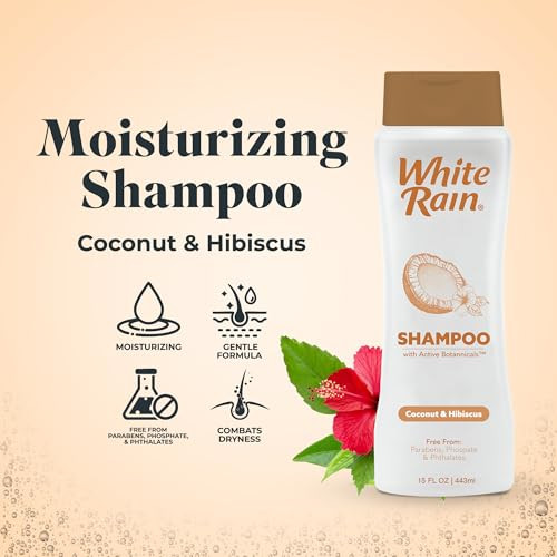 White Rain Moisturizing Shampoo - Coconut & Hibiscus Scent, Pack of 2 (15 fl oz Each), Hydrating Shampoo for Women & Men, Paraben-Free & Cruelty-Free