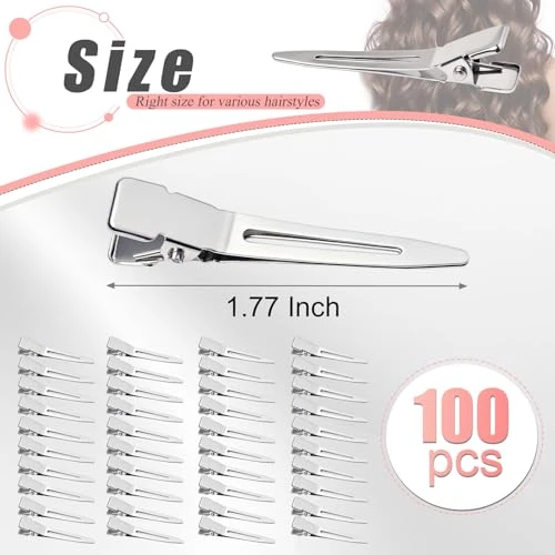 Sbyure 100 Pack 1.77 Inch Single Prong Pin Curl Duckbill Clips Silver Setting Section Hair Clips Metal Alligator Clips For Hair Extensions