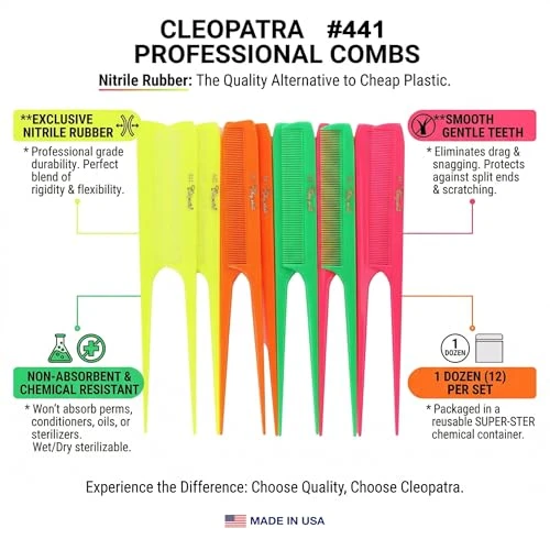 Krest Cleopatra 8 1 Per 2 Inch Rattail Combs Extra Fine Tooth.Rat Tail Comb Model 441 Color Neon Mix. 1 Dozen