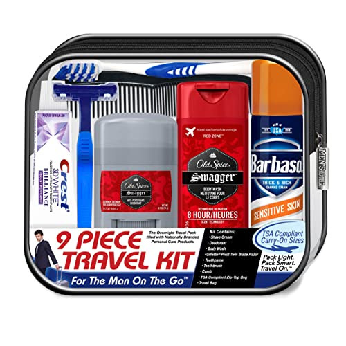 Convenience Kits International Men's Deluxe, 9-Piece Kit with Travel Size TSA Compliant Essentials , Featuring: Old Spice Products in Reuseable Toile