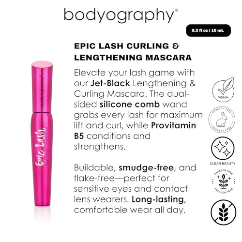 Bodyography Jet Black Lengthening And Curling Mascara Dual Sided Silicone Comb Wand For Volume And Lift Infused With Provitamin B5 For