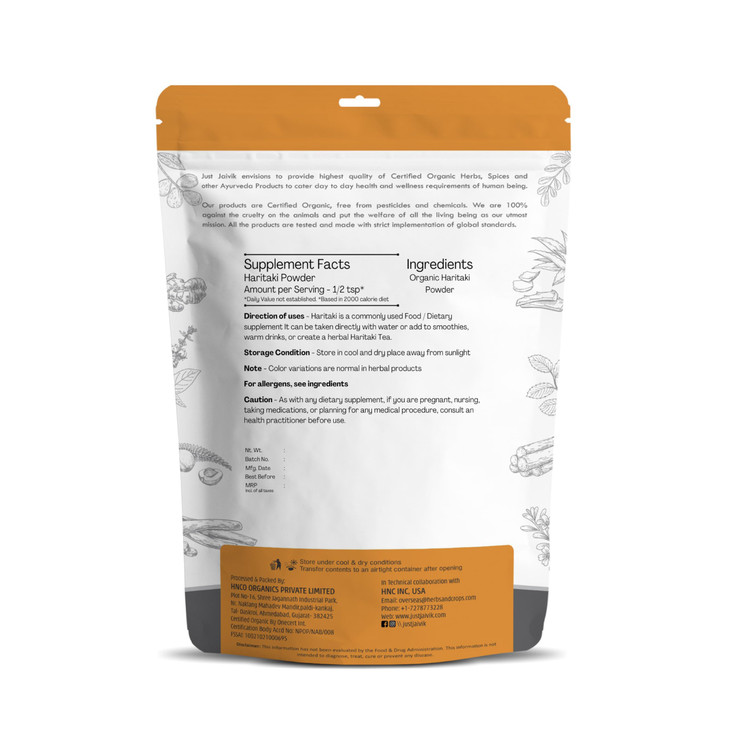 Just Jaivik 100% Organic Haritaki Powder - Terminalia Chebula -227g / 0.5 LB - USDA Certified Organic - an Ayurvedic Herb for Healthy Digestion, Deto