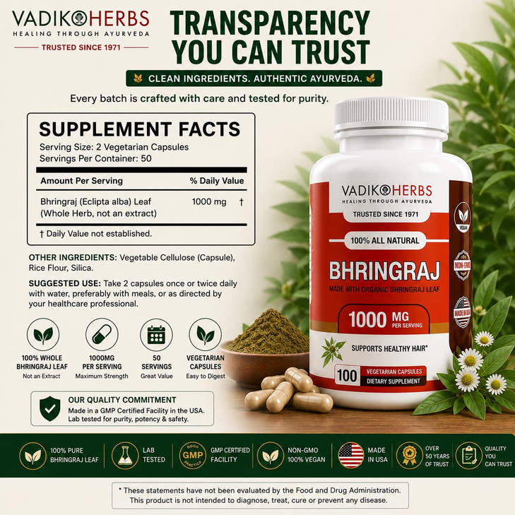 Vadik Herbs Bhringraj Capsules Whole Organic Bhringraj Leaf Eclipta Alba Traditional Ayurvedic Hair Herb For Healthy Hair Scalp And Overall