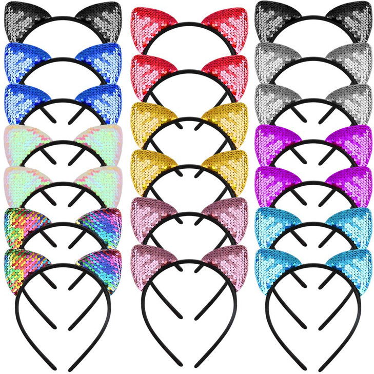 Wxj13 20 Pieces Cat Ears Headbands Reversible Sequin Headband Cute Cat Headbands