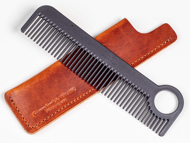 Chicago Comb Model 1 Carbon Fiber Comb Plus English Tan Horween Leather Sheath Made In Usa Ultimate Pocket And Travel Comb Smooth Strong And