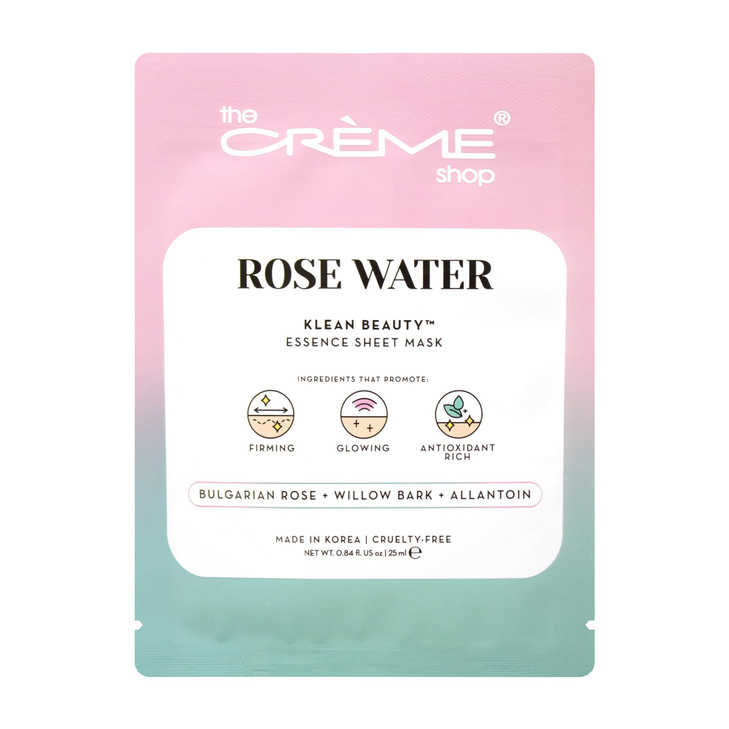 The Crème Shop Klean Beauty Essence Sheet Mask - Korean Face Mask for Firming & Enhancing Dull, Aging Skin (Rose Water/Set of 5)