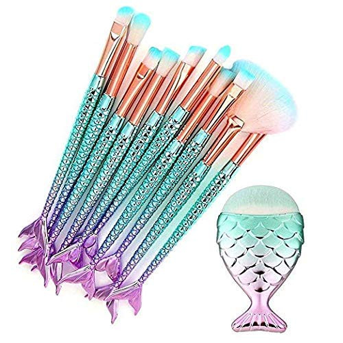Funfunman Makeup Brushes 11Pcs Make Up Foundation Eyebrow Eyeliner Blush Cosmetic Concealer Brushes Mermaid Colorful