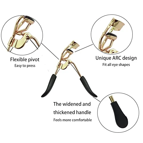 Stainless Steel Eyelash Curler With 5 Silicone Refill Pads Pinch Pain Free Suitable For Any Eye Shapes And Sizes Gold