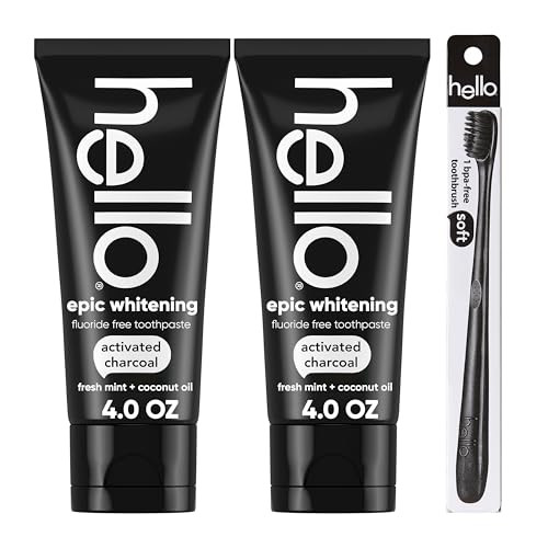 Hello Activated Charcoal Epic Teeth Whitening Fluoride Free Toothpaste and Toothbrush, Fresh Mint and Coconut Oil, Vegan, SLS Free, Gluten Free and P