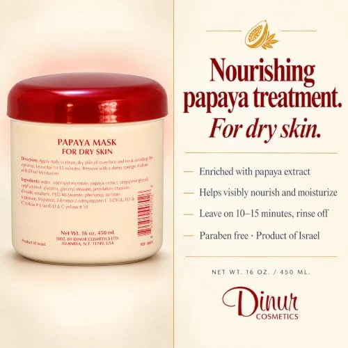 Dinur Cosmetics Papaya Mask For Normal Dry Skin Moisturizing And Nourishing Facial Treatment With Papaya Extract Deep Pore Cleanser 16 Oz.