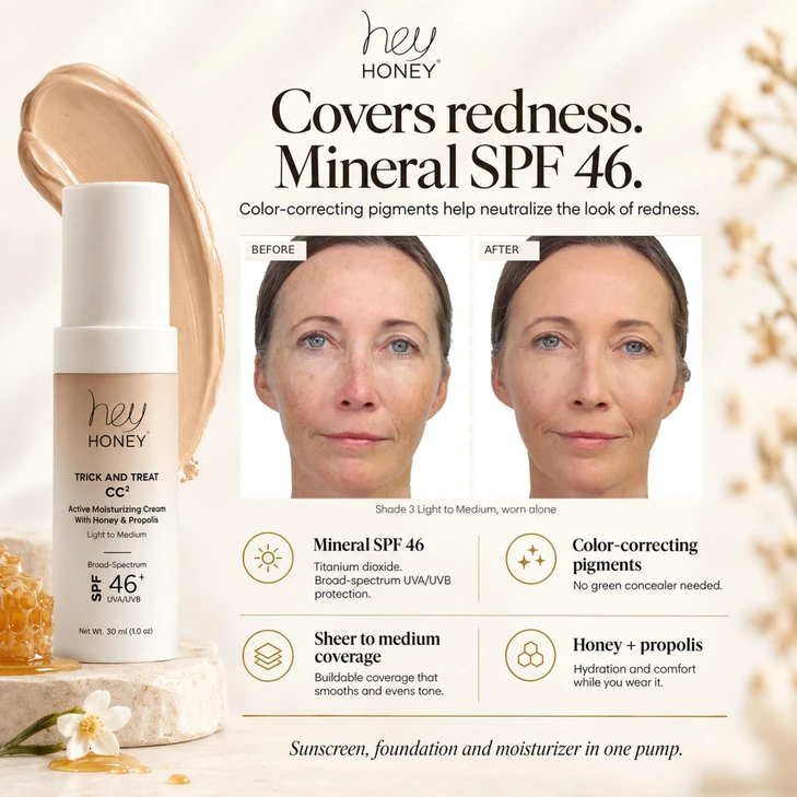 Hey Honey Trick And Treat Moisturizing Cc Cream Spf 46 Mineral Sunscreen Color Correcting Foundation For Redness Rosacea And Mature Skin