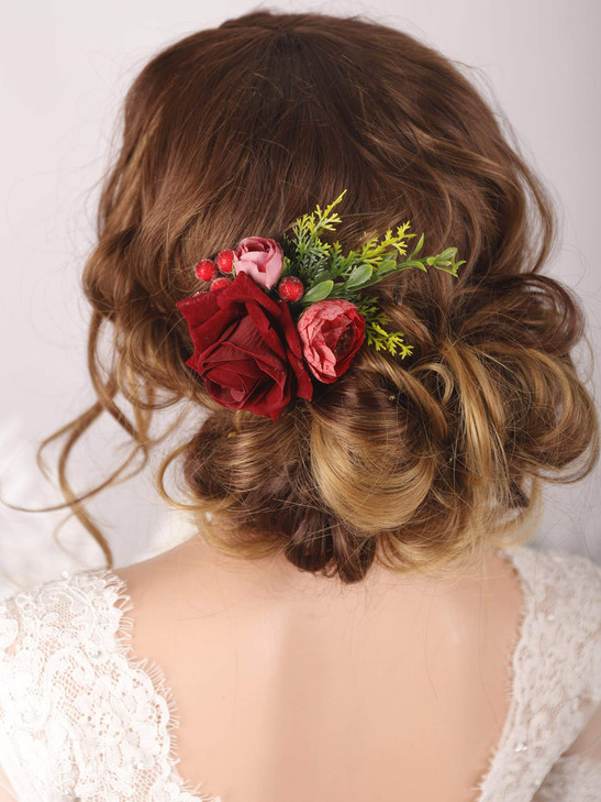 Kercisbeauty Wedding Bridal Floral Hair Combs Clips Red Rose Velet Flower Mexican Headpiece Headband For Carvinal Party