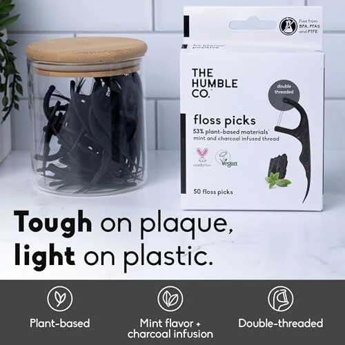 The Humble Co. Dental Floss Picks Double Thread Charcoal 200 Count