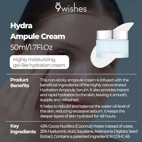 9 Wishes Hydra Ampule Cream 1.7Fl. Oz 50Ml Powerful Hydration With Coconut Water Long Lasting Hydration Facial Moisturizer
