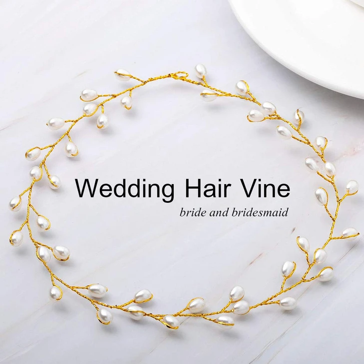 Catery Bridal Headbands Pearl Hair Vine Wedding Headpiece Bride Head Band Accessories For Women And Girls Gold