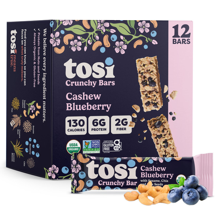 Tosi Nut Bars Plant Based Healthy Snack Bars Cashew Blueberry 12 Pack