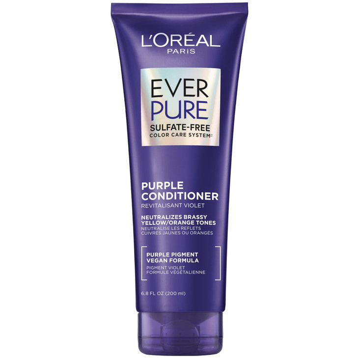 L Oreal Paris Sulfate Free Brass Toning Purple Conditioner For Blonde Bleached Silver Or Brown Highlighted Hair Everpure 6.8 Fl Oz Packaging