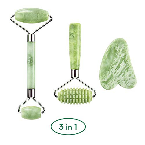Kimkoo Jade Roller And Gua Sha For Face 3 In 1 Kit With Facial Massager Tool 100 Percent Real Natural Jade Stone Anti Aging Face Beauty Set