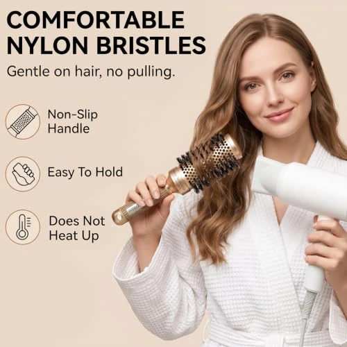 Round Hair Brush Blow Drying Brush Ionic Boar Bristles Anti Static Round Brush For Hair Drying Curling And Straightening Gold 45Mm