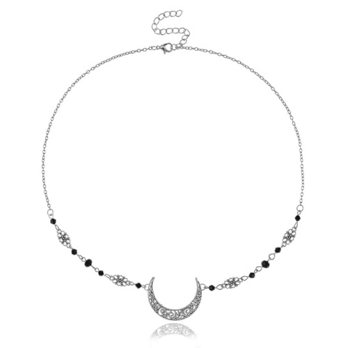 Yalice Boho Crescent Moon Head Chain Vintage Black Crystal Headband Chain Rhinestone Headpieces Witchy Forehead Chain For Women Silver Black