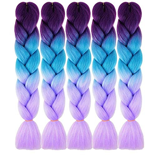 Ombre Braiding Hair Synthetic Blue To Purple Braiding Hair Extensions Afro Crochet Hair 3 Tones 5Pcs 56 Purple To Blue