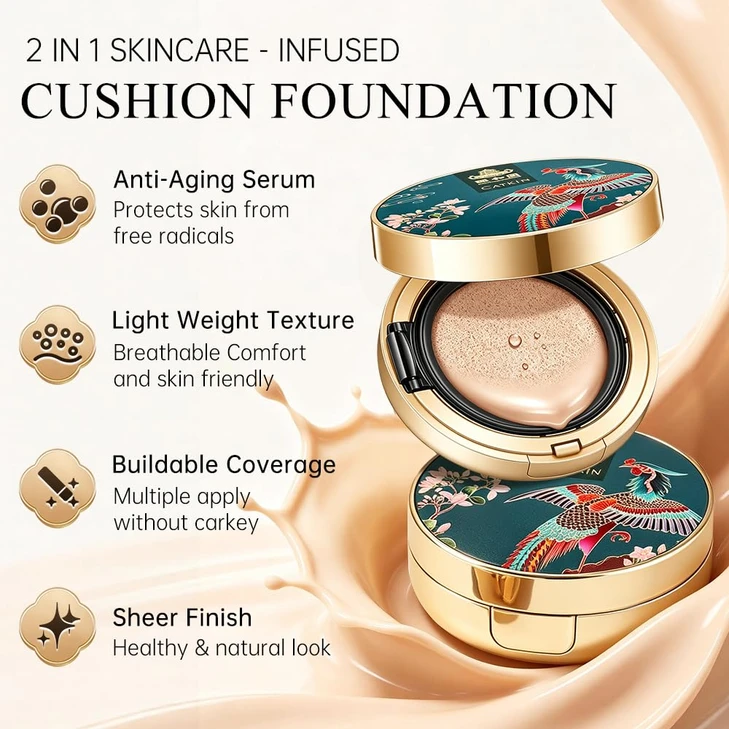 Catkin Phoenix Cushion Foundation Buildable Coverage Anti Aging Serum Makeup Sheer Satin Finish Refill Included Light Beige 0.46 Oz X 2 C01