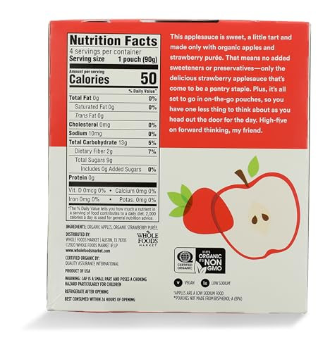 365 By Whole Foods Market Organic Strawberry Applesauce Pouches Unsweetened 3.2 Ounce Pack Of 4