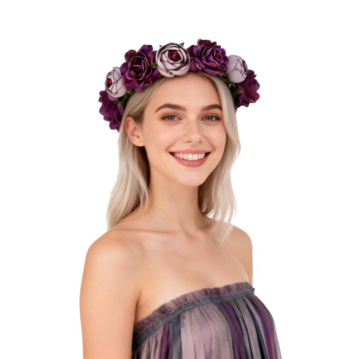 June Bloomy Women Rose Floral Crown Hair Wreath Leave Flower Headband With Adjustable Ribbon Purple
