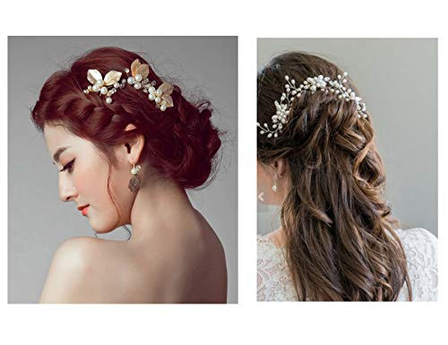 Insowni 28 Pack Wedding Bridal Gold Metal Leaf Hair Side Combs Plus U Shaped Pearl Rhinestone Fancy Hair Pins Clips Flower Golden Prom