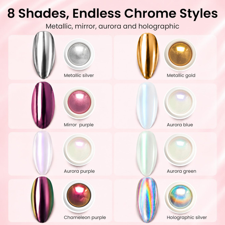 Beetles Chrome Nail Powder Set 8 Colors Mirror Effect Metallic