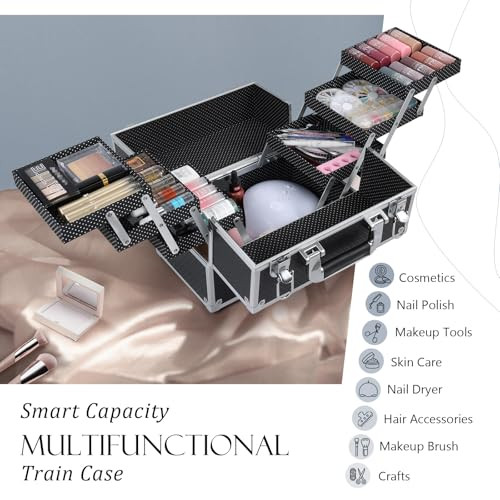Frenessa Makeup Train Case Makeup Case 11.8 Inch Large Cosmetic Box Organizer Travel Storage Professional Make Up Train Carrying Case With 6