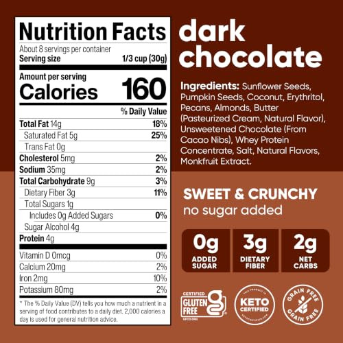 Nutrail Nut Granola Cereal Dark Chocolate No Sugar Added Keto Low Carb Gluten Free Grain Free Healthy Breakfast 8 Oz. 1 Count