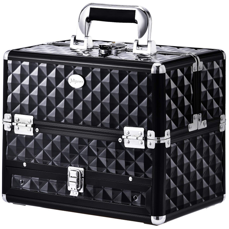 Joligrace Makeup Train Cases Professional Travel Makeup Cosmetic Cases Organizer Portable Box With Drawer Black