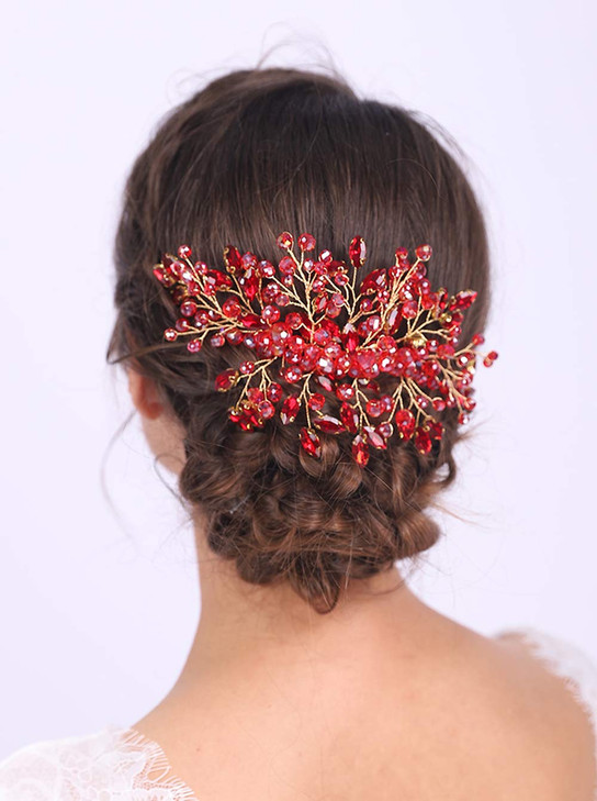 Aimimier Bridal Red Hair Comb Ruby Sapphire Emerald Amethyst Black Pink Crystal Hair Piece Wedding Hair Accessories For Women And Girls Red