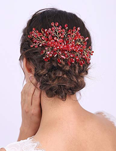 Aimimier Bridal Red Hair Comb Ruby Sapphire Emerald Amethyst Black Pink Crystal Hair Piece Wedding Hair Accessories For Women And Girls Red