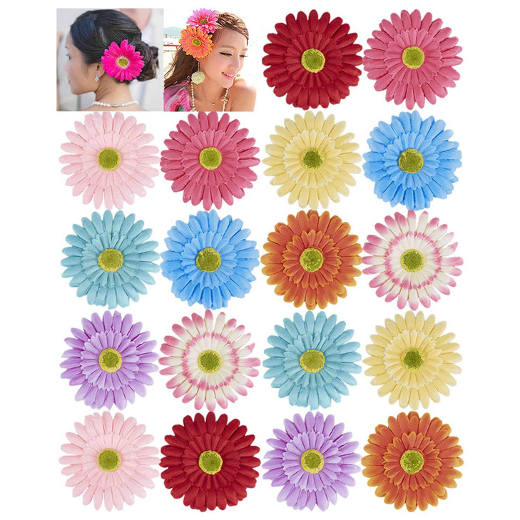 Lawie 18 Pack Fake Artificial Silk Gerbera Daisy Flower Sunflower Daisies Hair Clips Barrettes Clamp Clasps Bow With Alligator Brooch Pin