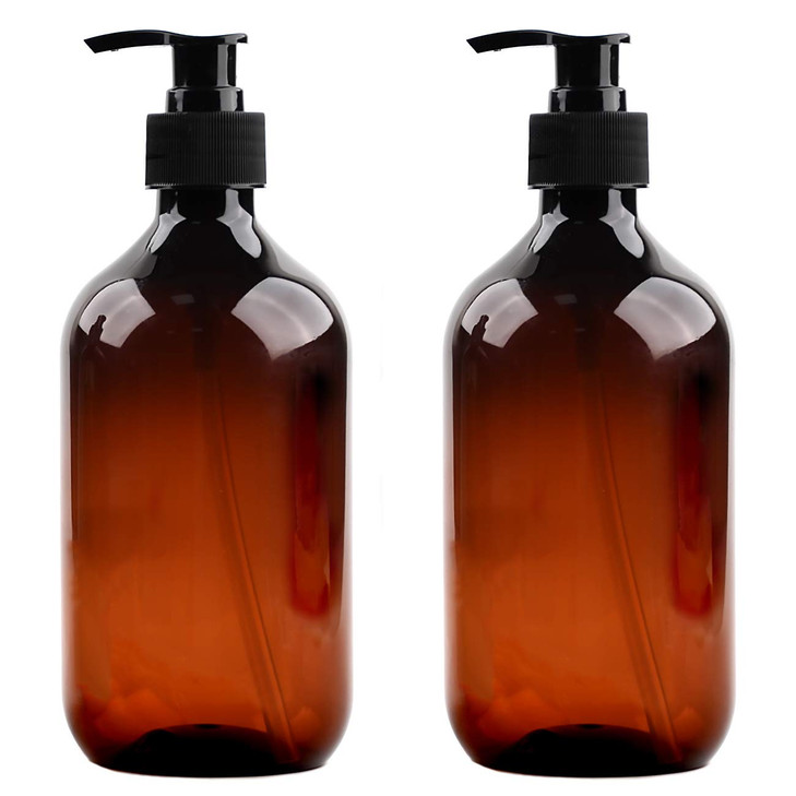 Angoodden 2 Pack Pump Bottle 500ml 17oz Plastic Pump Bottle Dispenser Amber Pump Bottles for Shampoo and Conditioner